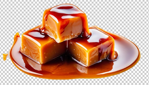 PSD 3 caramelos de caramelo con salsa de caramelo aislados en un fondo transparente