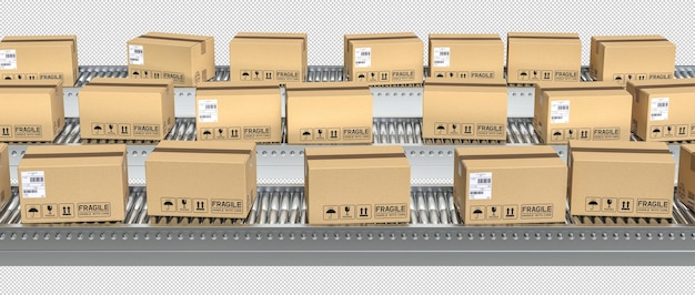 3 conveyor belts with parcels 3d render background