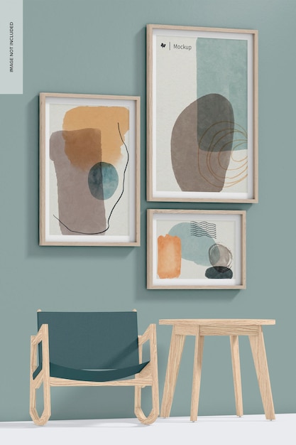 3 cornici della galleria con prospettiva del mockup della sedia a dondolo