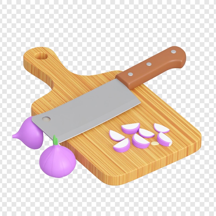 PSD 3 d ilustración de una tabla de cortar de madera con un cuchillo de chef y rebanadas de cebolla picadas