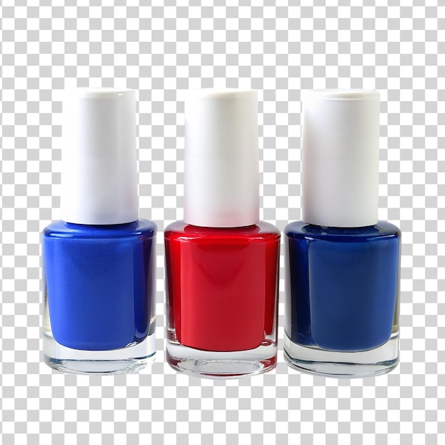 PSD 3 diferentes colores de esmalte de uñas azul rojo y blanco aislados sobre un fondo transparente