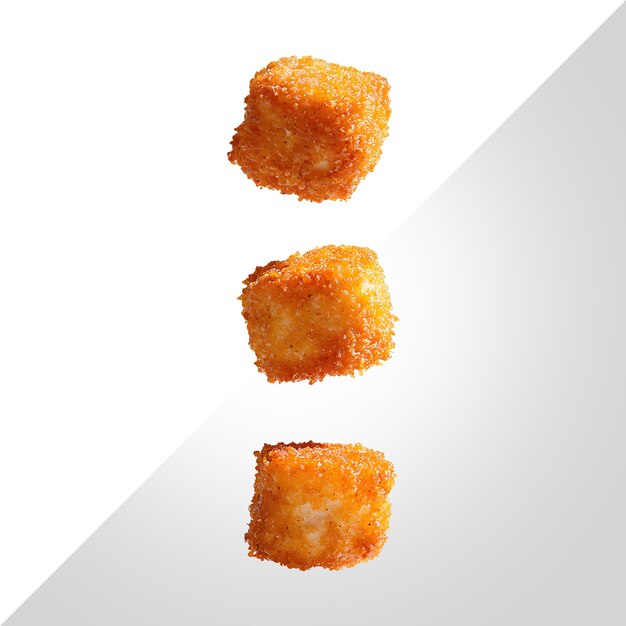 3 gebratene Hühnernuggets mit 3 verschiedenen Farben auf durchsichtigem Hintergrund bedeckt