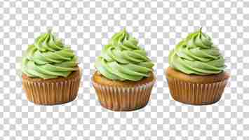 PSD 3 grüne creme-cupcakes auf durchsichtigem hintergrund