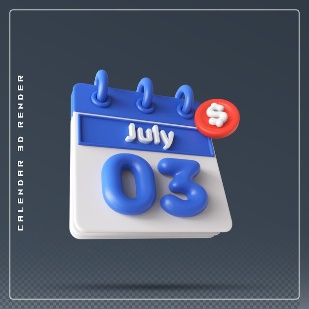3. Juli-Kalender mit Dollar-Symbol 3D-Rendering
