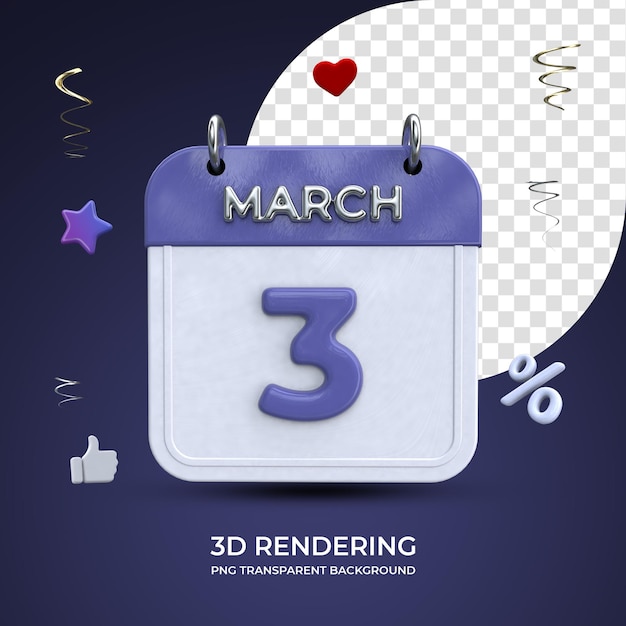 3 de marzo calendario 3d rendering aislado fondo transparente