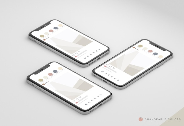 3 téléphones 3D isométriques minimaux avec maquette d'interface rrss
