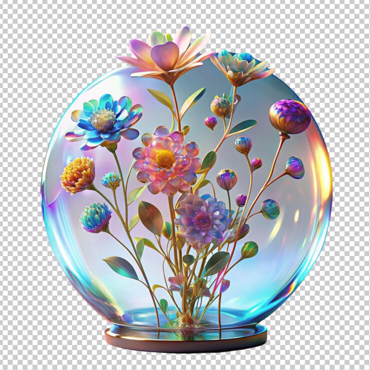 PSD 3 vetro olografico di fiori sfondo trasparente