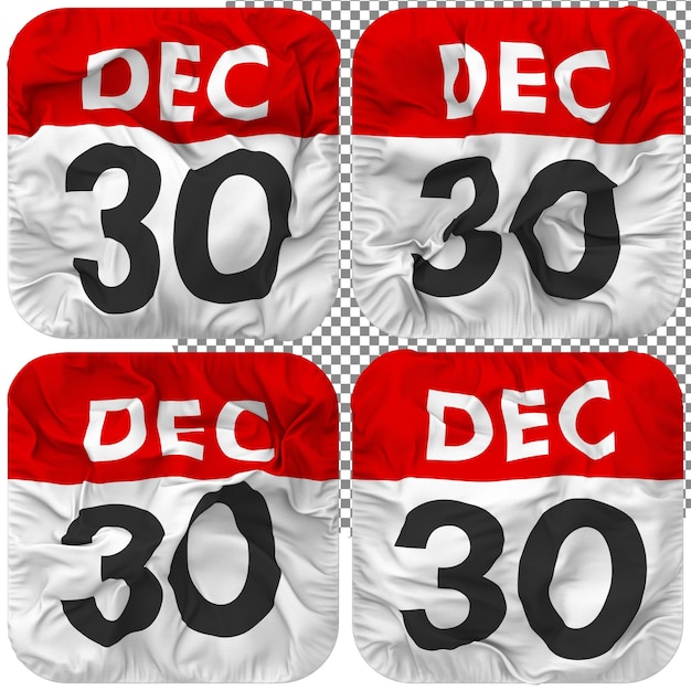 30. 30. Dezember Datumskalendersymbol isoliert Vier winkende Bump-Textur 3D-Rendering