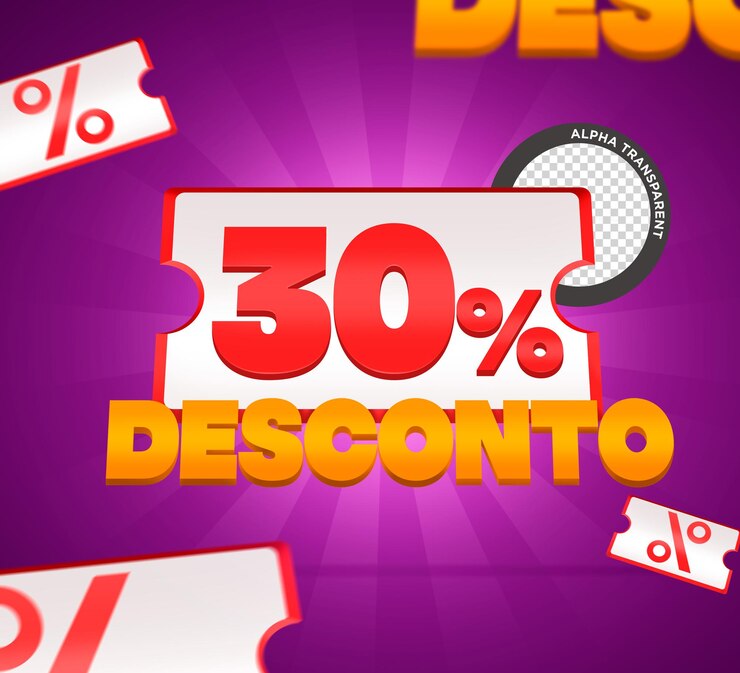 PSD 30% de desconto no selo vetorial com letras laranja de número vermelho de efeito 3d e bilhete branco