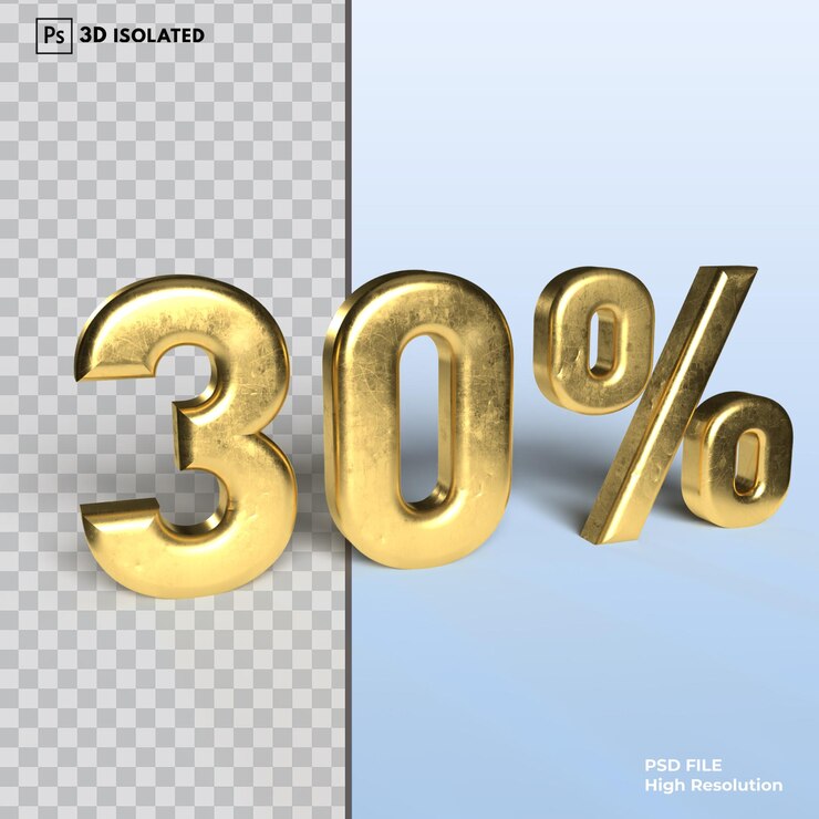 PSD 30 número de descuento porcentaje 3d renderizado aislado sobre fondo transparente psd