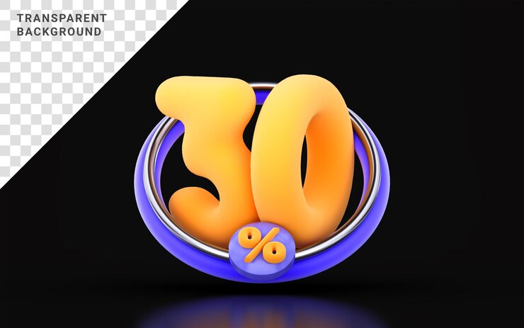 PSD 30 percento di sconto nel cerchio dell'anello su sfondo scuro concetto di rendering 3d per una grande offerta di shopping