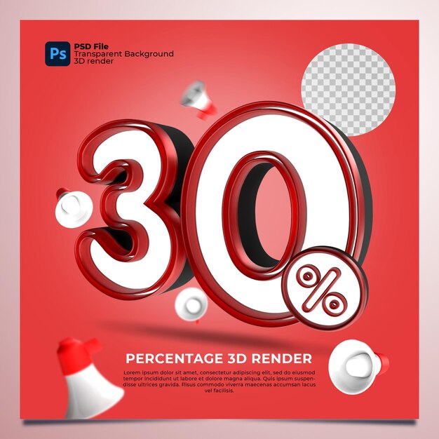 30 Porcentaje 3D Render color rojo con elementos