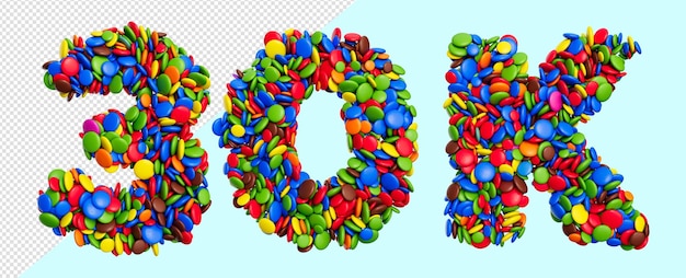 30k mag mehrfarbige Regenbogenbonbons 30000 Festliche isoliert auf weißem Hintergrund 3D-Darstellung
