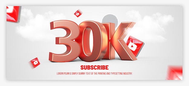 PSD 30k suscriptores de youtube diseño de render 3d