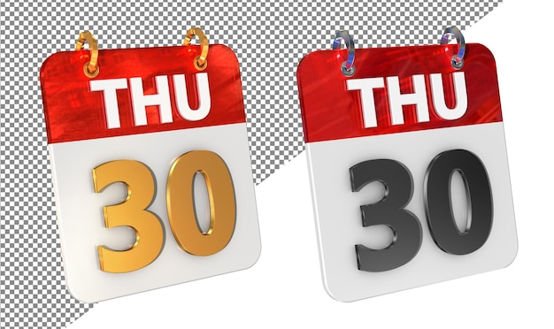 30o jueves fecha Icono 3D aislado Ampliador de oro brillante Renderización 3D