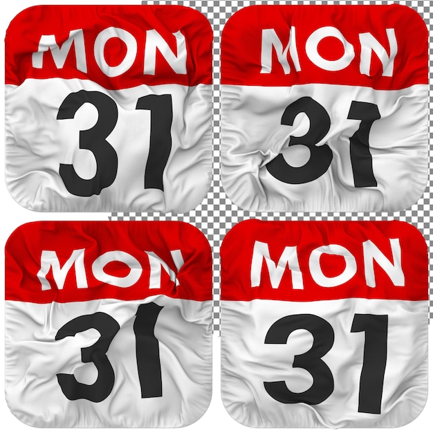 31. 31. Montag, Datum, Kalendersymbol, isoliert, Vier-Wellen-Stil, Bump-Textur, 3D-Rendering