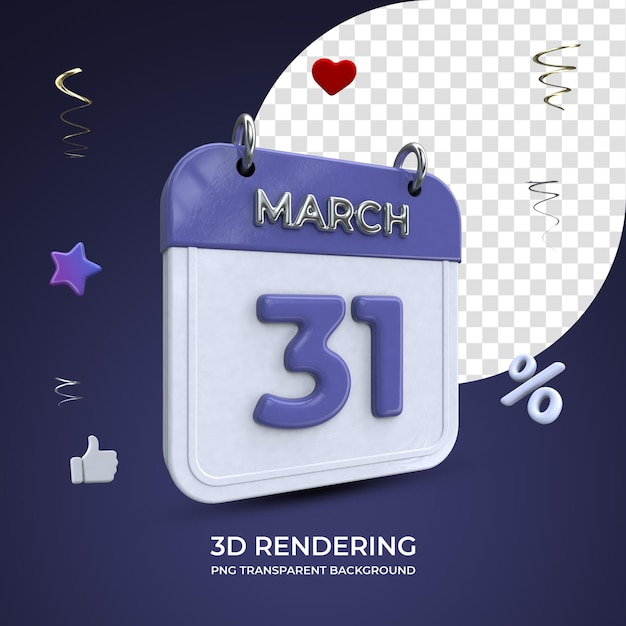 31 de março calendário 3d renderização isolado fundo transparente