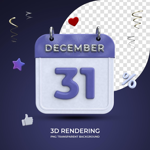 31. Dezember Kalender 3D-Rendering isolierter transparenter Hintergrund