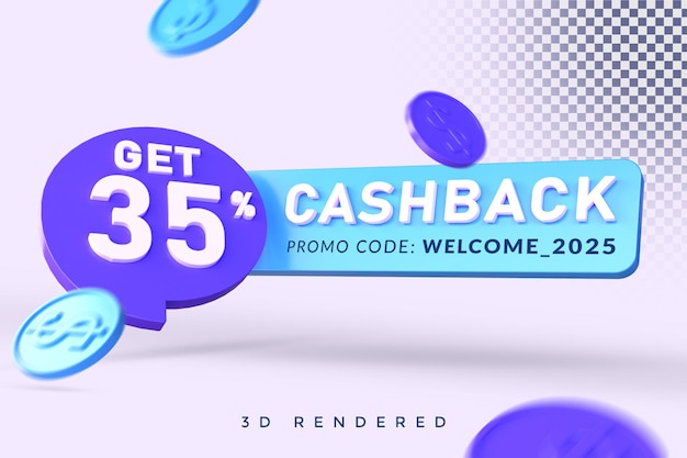 35 Prozent Cashback 3D-Rendering isoliertes Konzept mit Alpha-Hintergrund