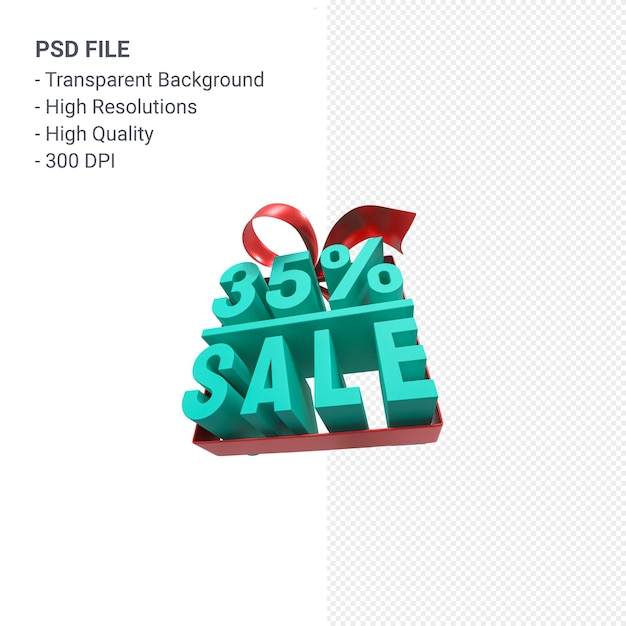 PSD 35% verkauf mit bogen und band 3d design isoliert
