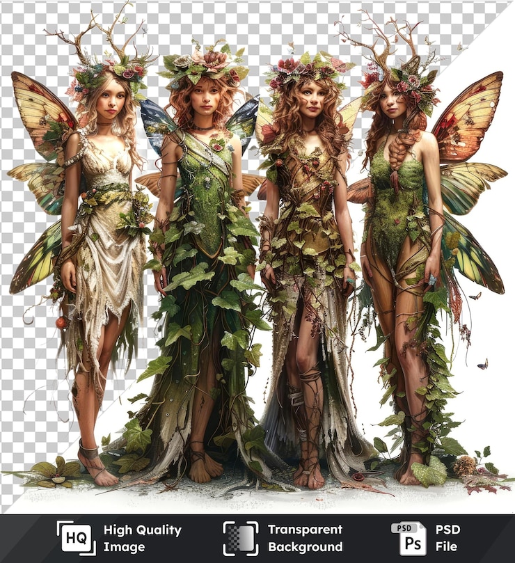 PSD 3939premium personaje de hadas con mujer en vestido blanco y mariposa marrón en transparente