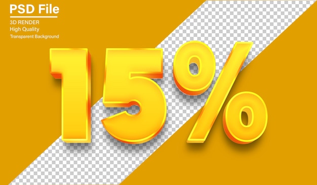 3d 15 centesimo di sconto 15 colore oro isolato su sfondo trasparente
