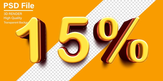 3d 15 centesimo di sconto 15 giallo e rosso metallico isolato su sfondo trasparente