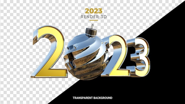 3d 2023 con bola de navidad renderizada en oro y textura cromada pulida para el feliz año nuevo