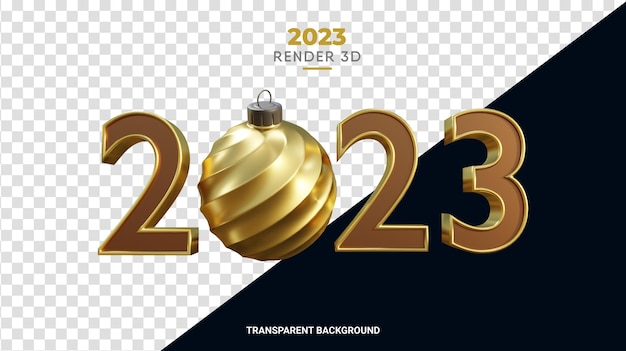 PSD 3d 2023 avec boule de noël rendu texture or et bronze pour la bonne année