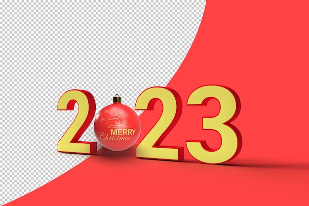 PSD 3d 2023 com renderização de bola de natal para o feliz ano novo e design de natal e brilho.