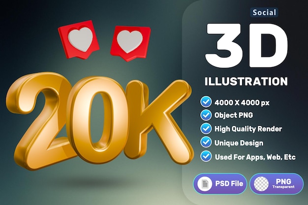 3d 20k seguidores renderización de iconos de alta calidad