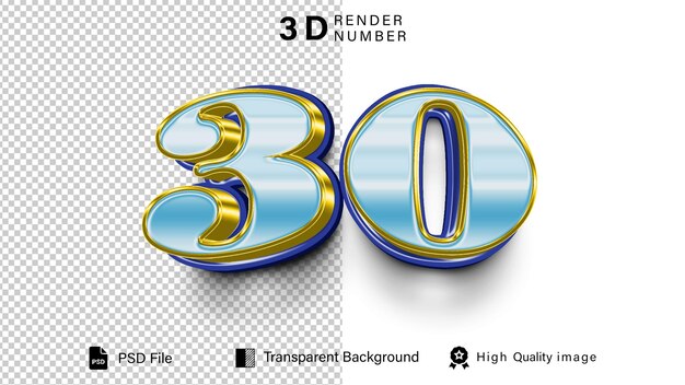 3d 30 Numero 30 colore di luce blu isolato su sfondo trasparente