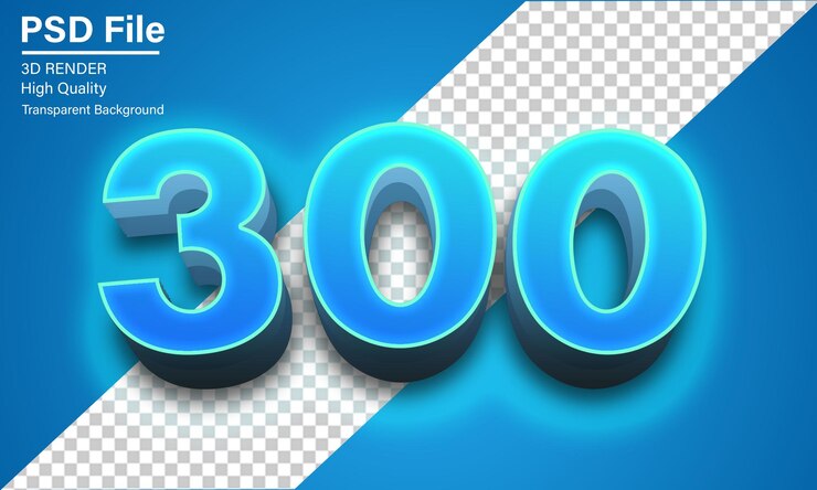 3d 300 Número 300 Neón azul aislado sobre un fondo transparente