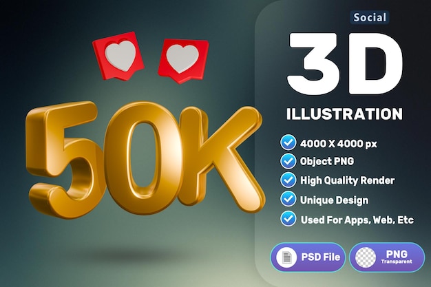 PSD 3d 50k seguidores renderización de iconos de alta calidad