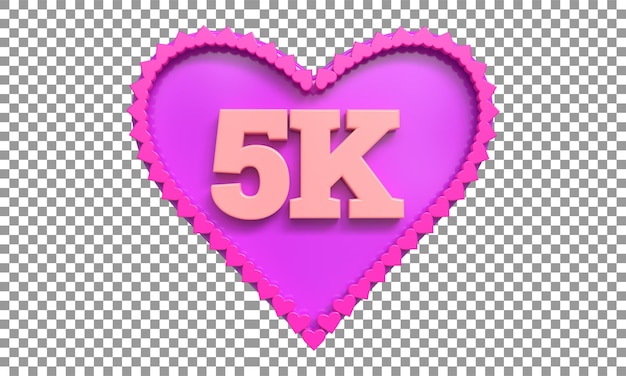 PSD 3d 5k love followers 5k follower celebration5k tag para mídias sociais com coração