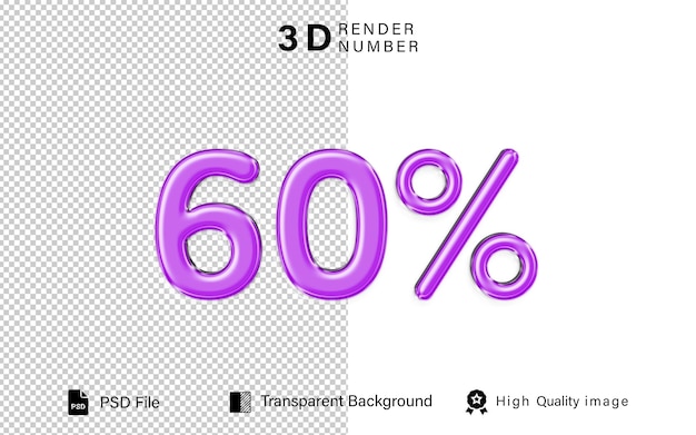 3d 60 descontos recientes 60 color burbuja púrpura aislado en fondo transparente