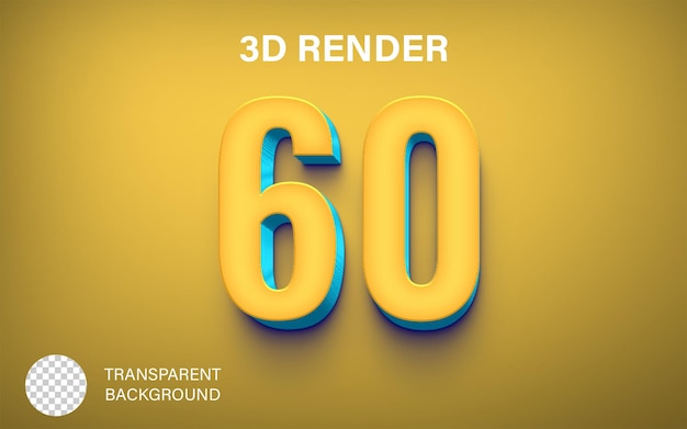 3d 60 Número 60 Cor amarela e azul isolada em fundo transparente