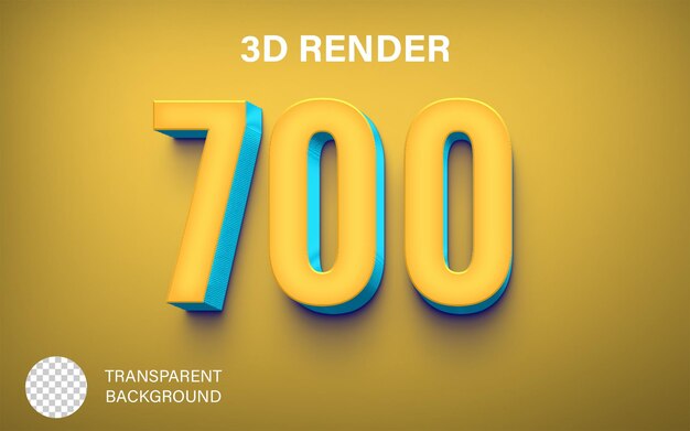 3d 700 Número 700 Color amarillo y azul aislado sobre un fondo transparente