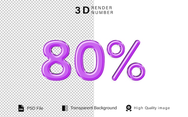 3d 80 Precent Rabatt 80 lila Blasfarbe isoliert auf transparentem Hintergrund