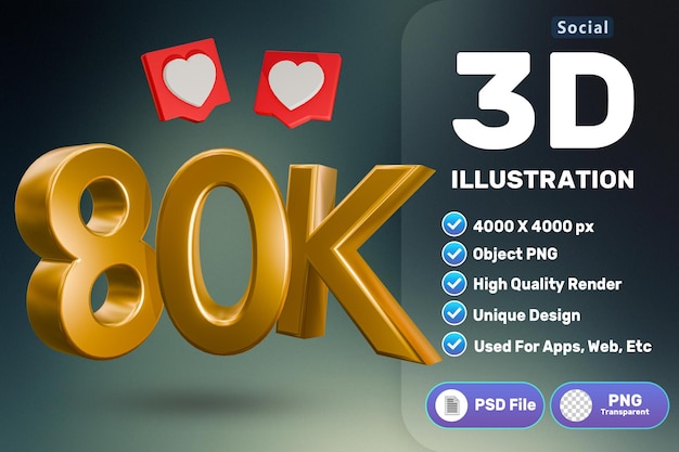 PSD 3d 80k seguidores renderização de ícones de alta qualidade