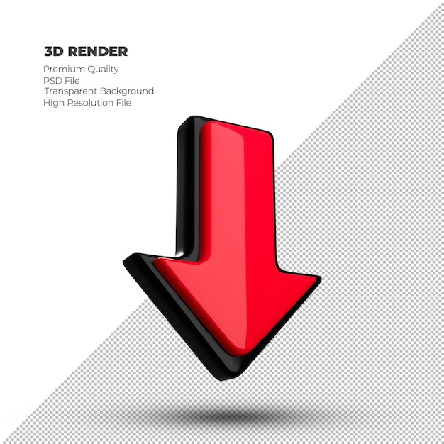 3D-Abwärtspfeil-Rendering-Symbol mit linker Ansicht