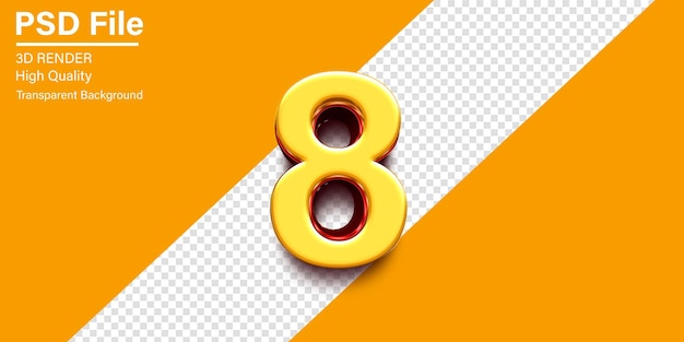 3d Acht Nummer 8 Gelb und Rot metallisch isoliert auf durchsichtigem Hintergrund