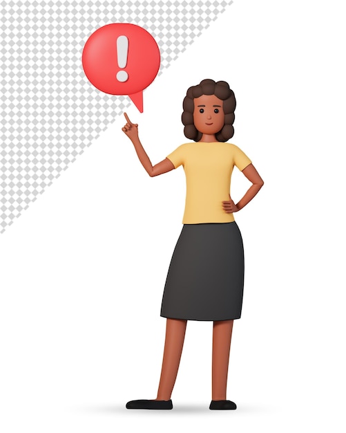 3d african american woman character pointing at exclamation mark in speech bubble