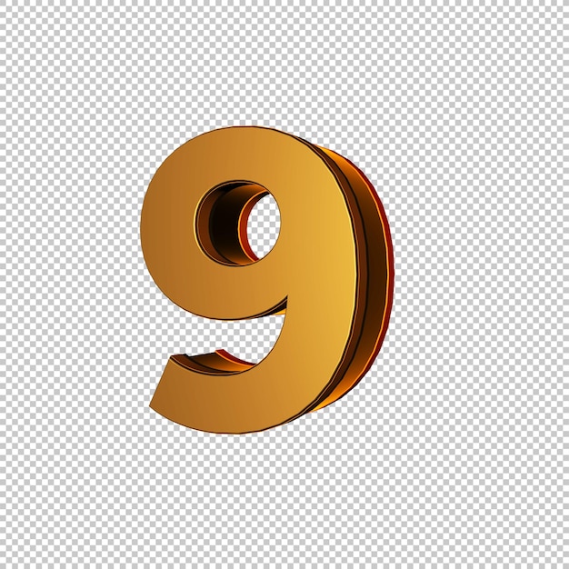 3D aislado número 9 en llamativo oro con fondo transparente