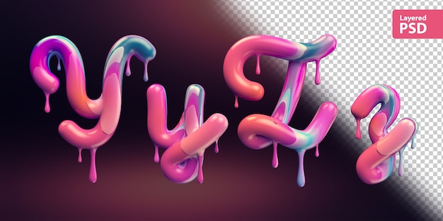 PSD 3d alphabet mit schmelzender bunter farbe. buchstaben y y z z.