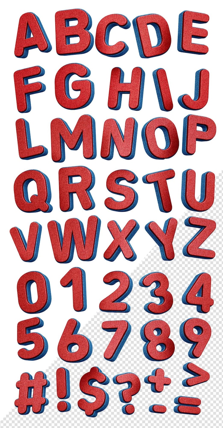 PSD 3d-alphabet-schriftart bw seido rot mit blauem glanz