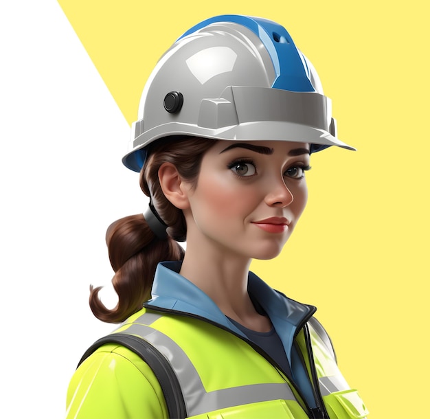 3d-arbeiterfrau mit helm und reflektierender kleidung