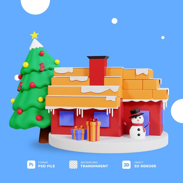 3d árbol de navidad, caja de regalo y muñeco de nieve de sombrero negro en casa de navidad