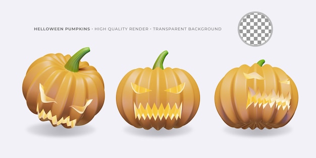 3d-asset-halloween-jack'o-laterne in 3 verschiedenen winkeln