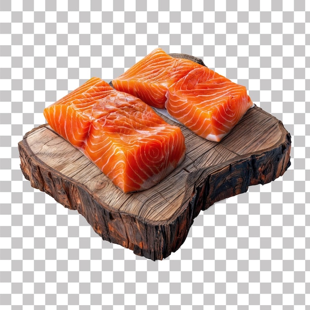 3D-Asset-Lachsfilet auf einem rustikalen Holzschneidbrett mit isoliertem Hintergrund